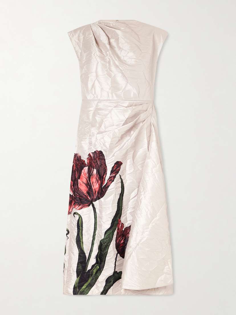 Erdem Draped Floral-print Crinkled-crepe Midi Dress