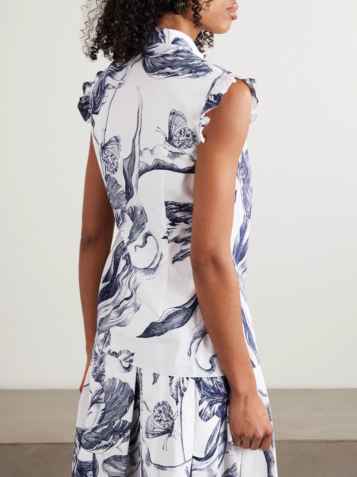Ruffled Floral-Print Cotton-Poplin Blouse