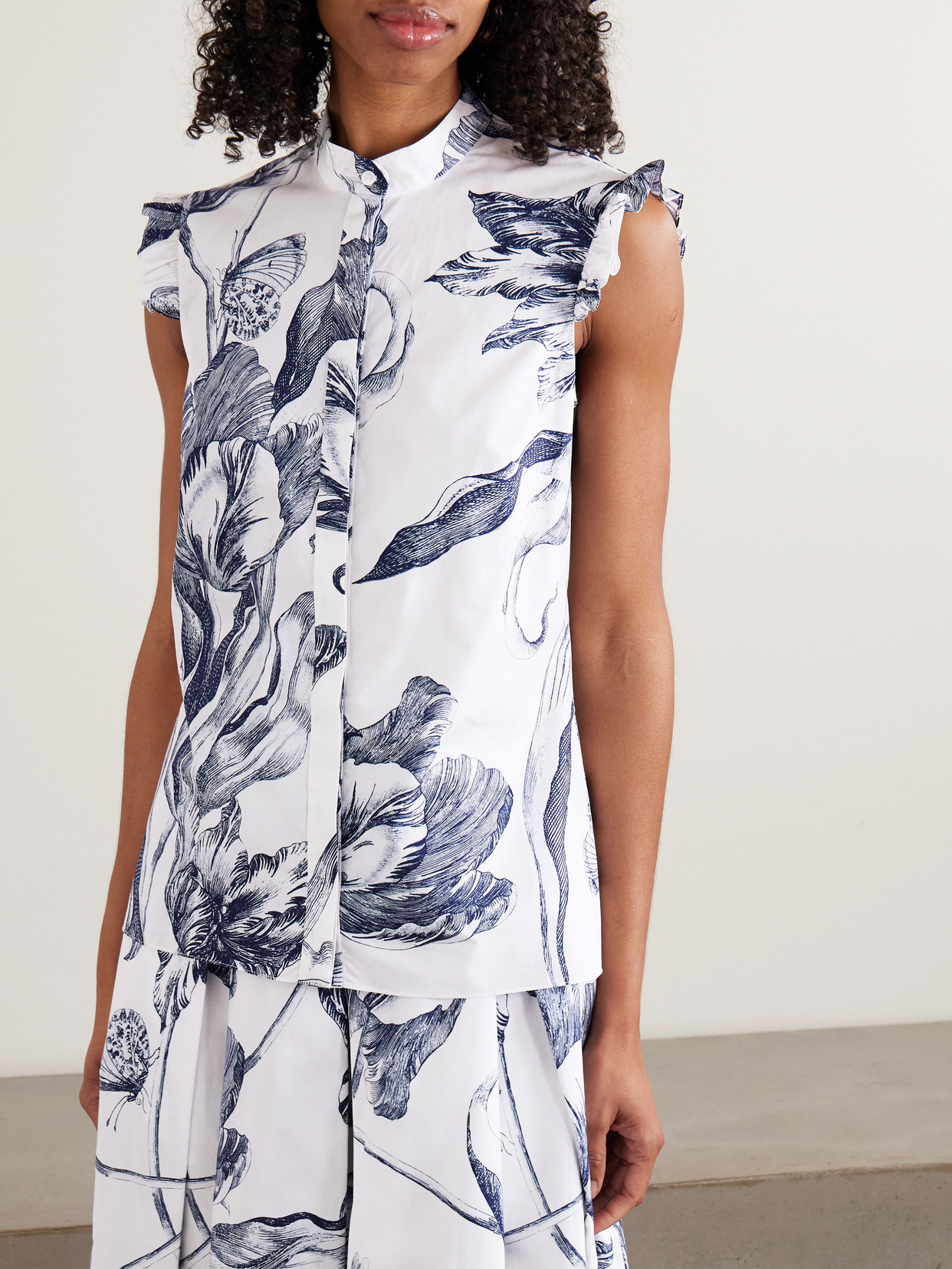 Ruffled Floral-Print Cotton-Poplin Blouse