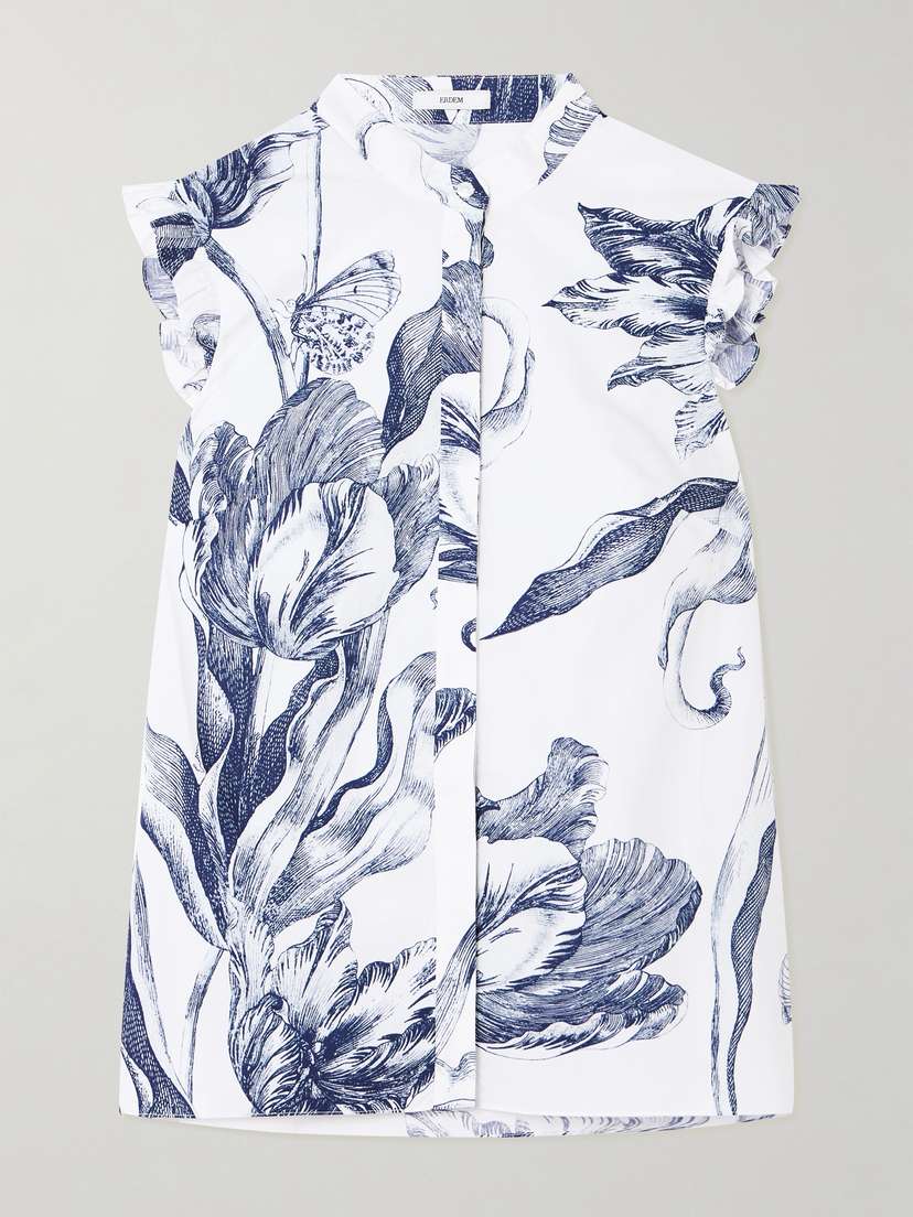 Erdem Ruffled Floral-print Cotton-poplin Blouse