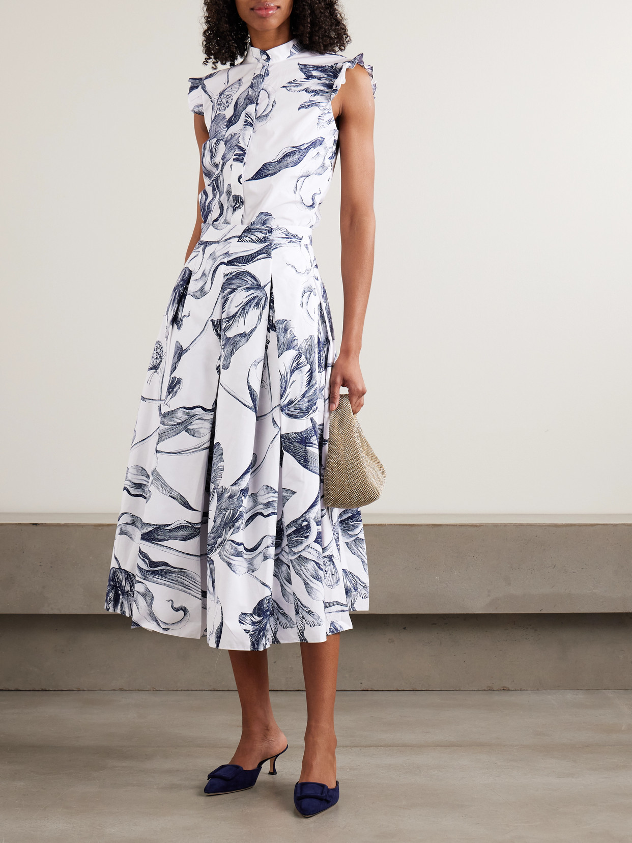 Ruffled Floral-Print Cotton-Poplin Blouse