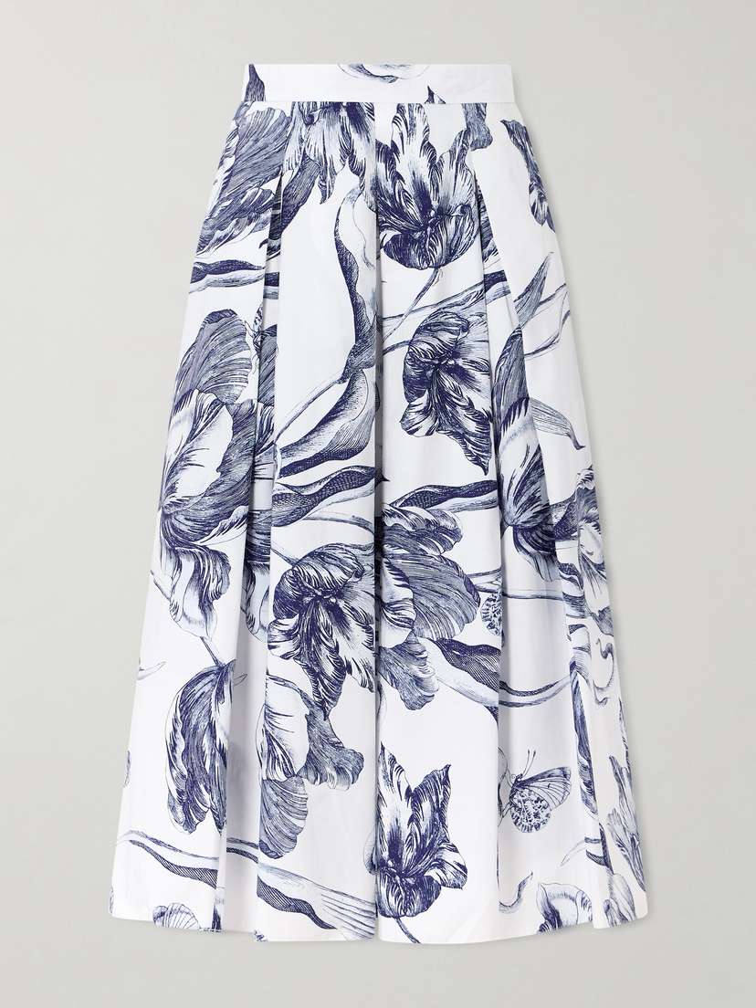 Erdem Pleated Floral-print Cotton-poplin Midi Skirt