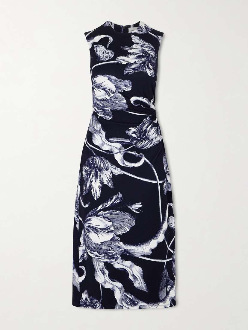 Erdem Gathered Floral-print Ponte Midi Dress