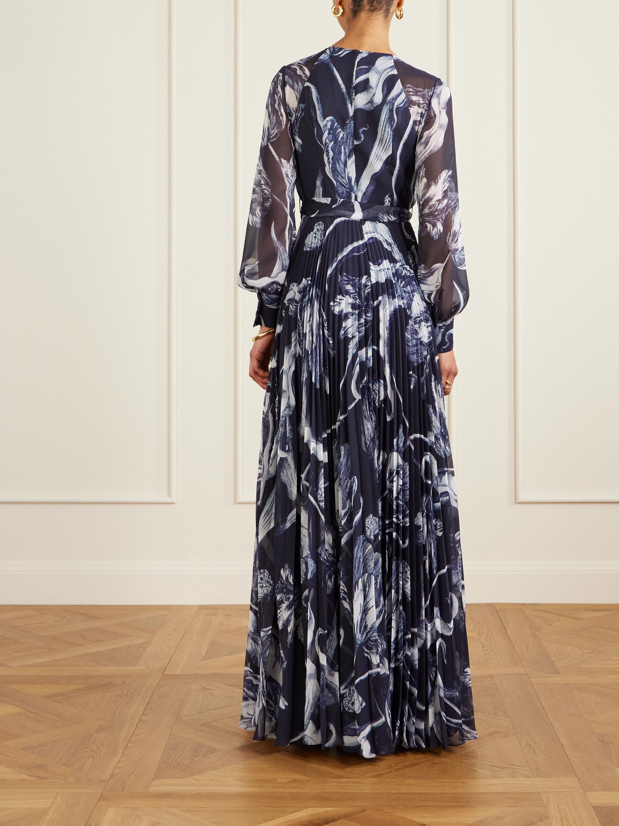 Erdem Belted Pleated Printed Chiffon Gown In Blue