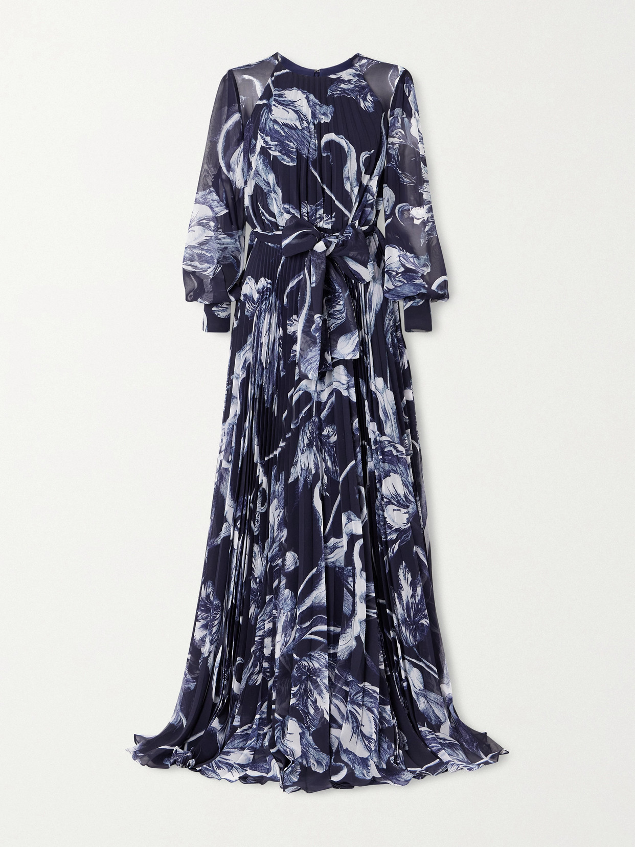 Erdem Belted Pleated Printed Chiffon Gown In Blue