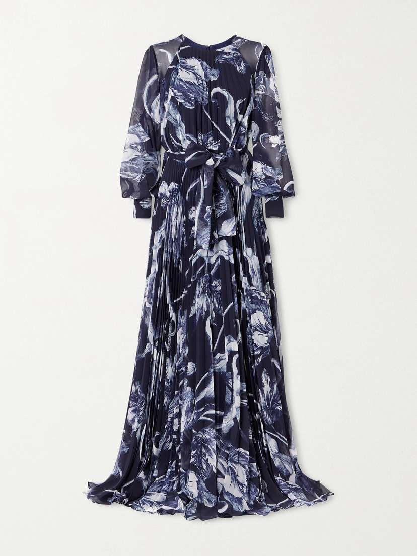 Erdem Belted Pleated Printed Chiffon Gown