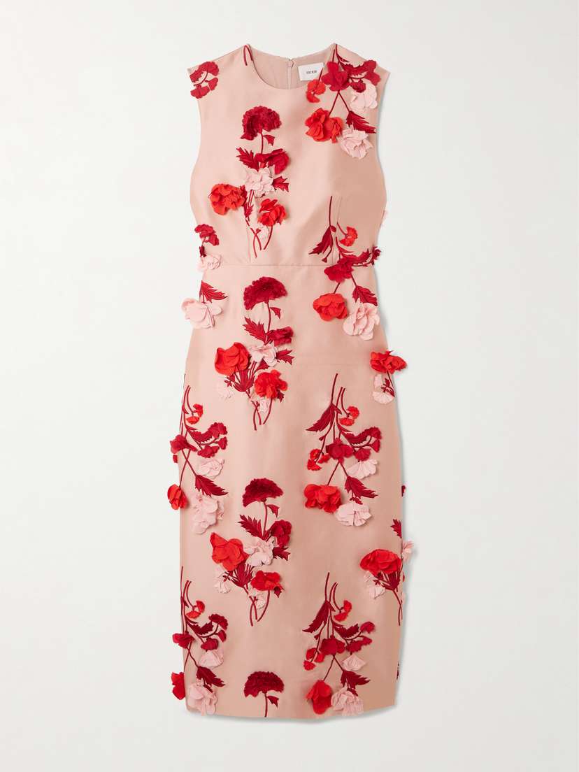 Appliquéd Chiffon-trimmed Embroidered Mikado Midi Dress