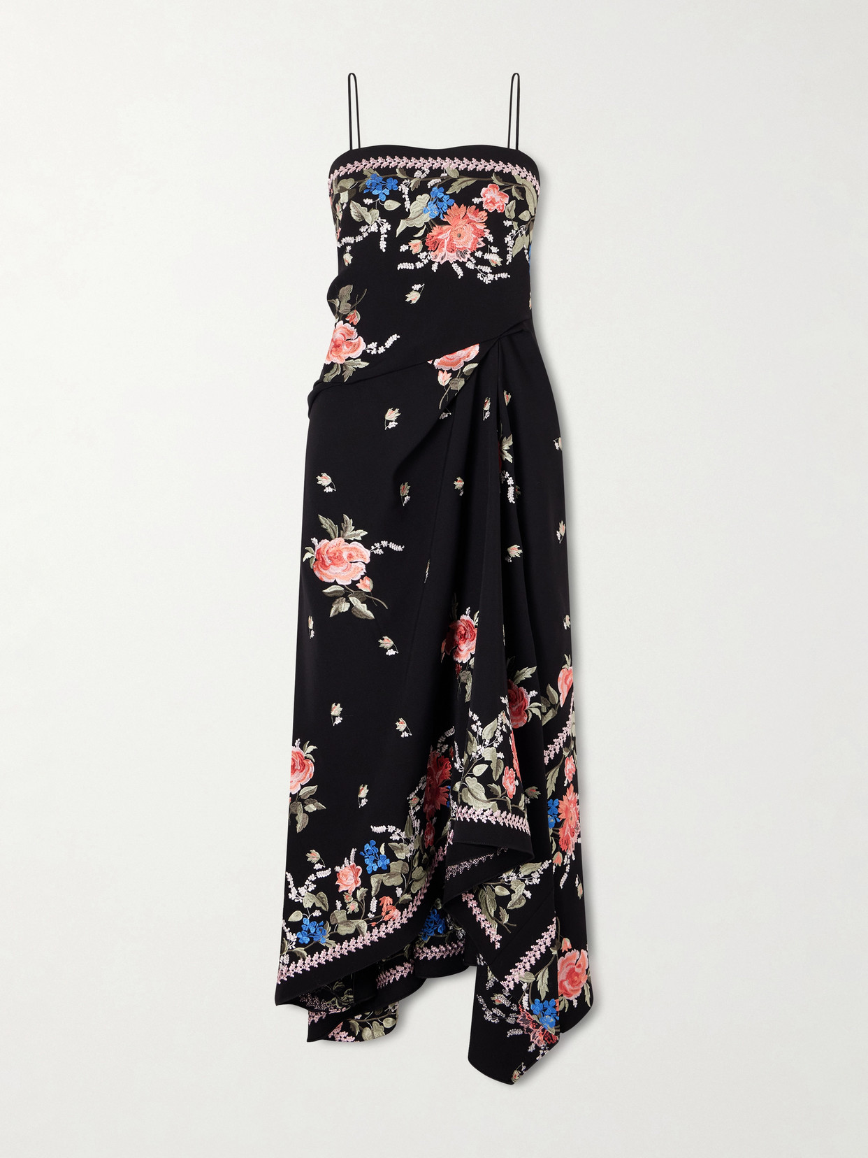 Erdem Asymmetric Embroidered Grain De Poudre Wool Midi Dress In Black