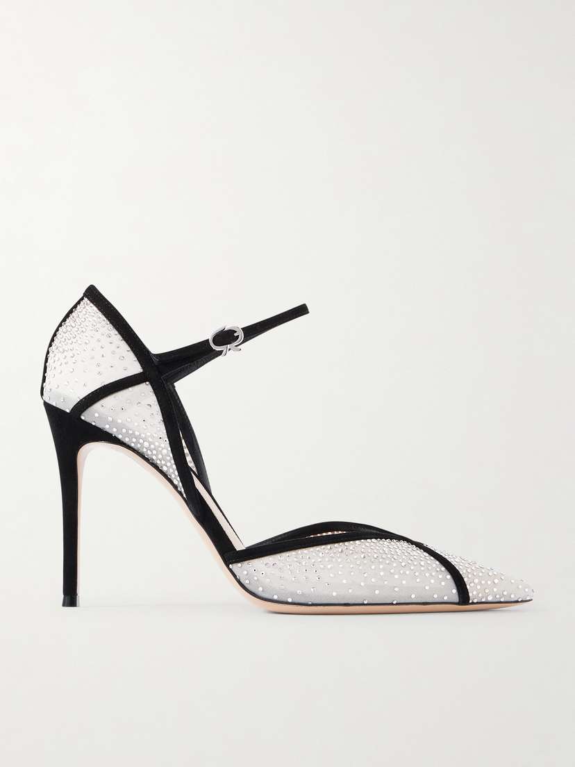 Gianvito Rossi 95 Suede-trimmed Crystal-embellished Mesh Pumps