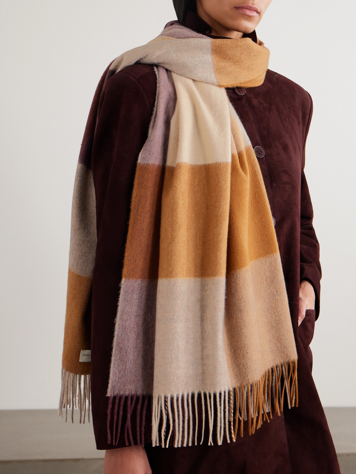 Johnstons Of Elgin Fringed Checked Cashmere Scarf In Brown