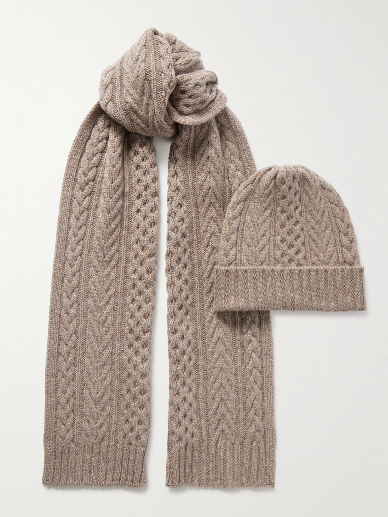 Johnstons Of Elgin Cable-knit Cashmere Beanie And Scarf Set In Brown