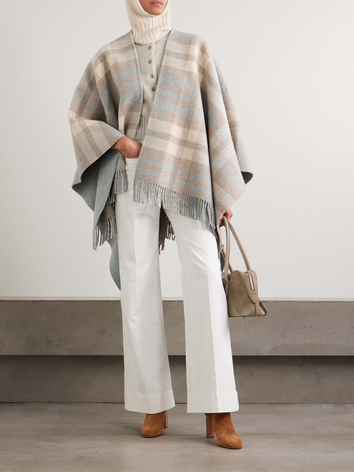 Johnstons Of Elgin Reversible Fringed Checked Wool Cape In Neutral