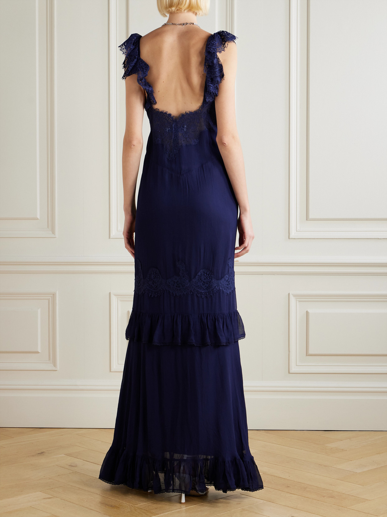 Self-portrait Lace-trimmed Georgette Maxi Dress In Blue