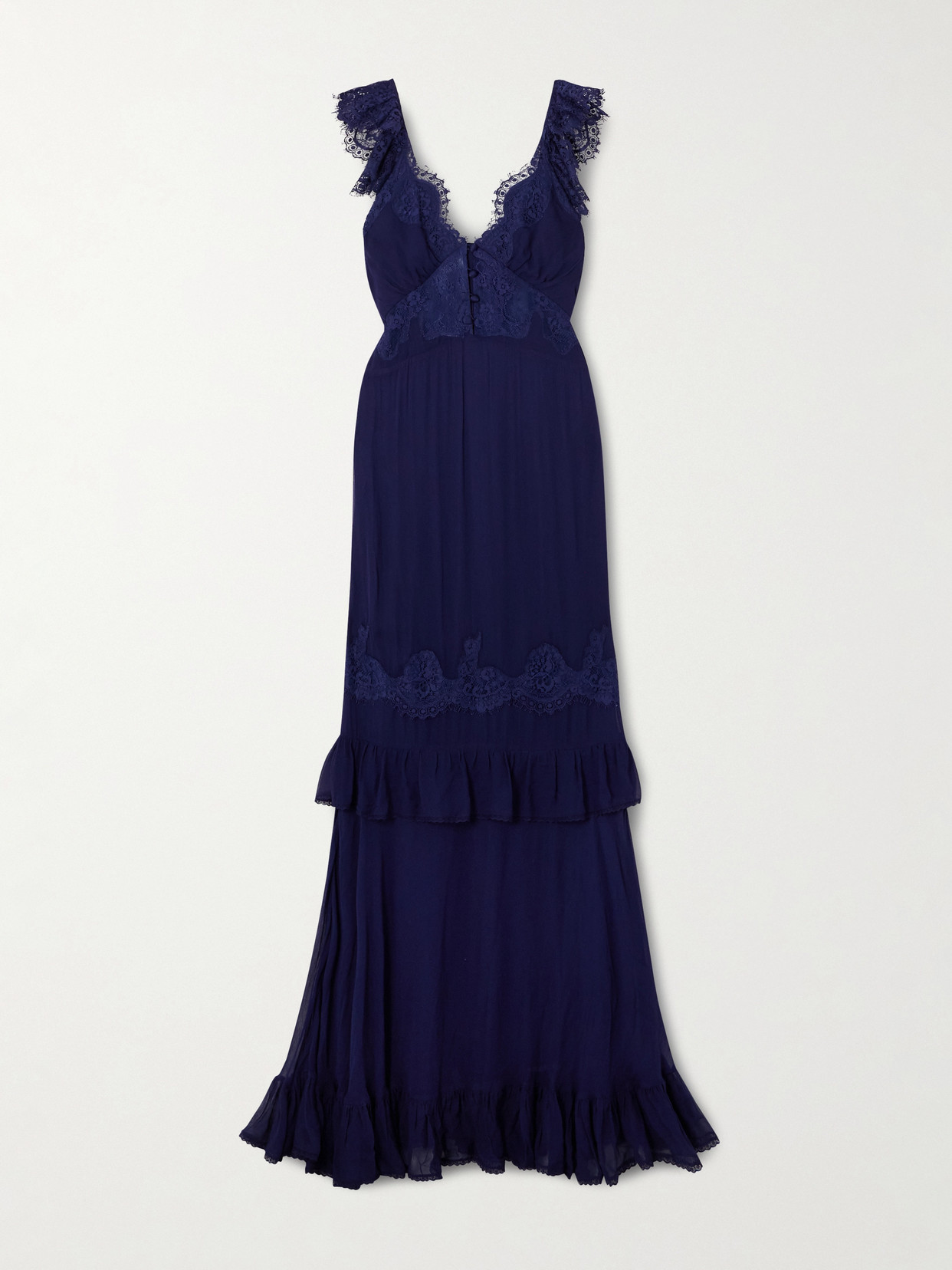 Self-portrait Lace-trimmed Georgette Maxi Dress In Blue