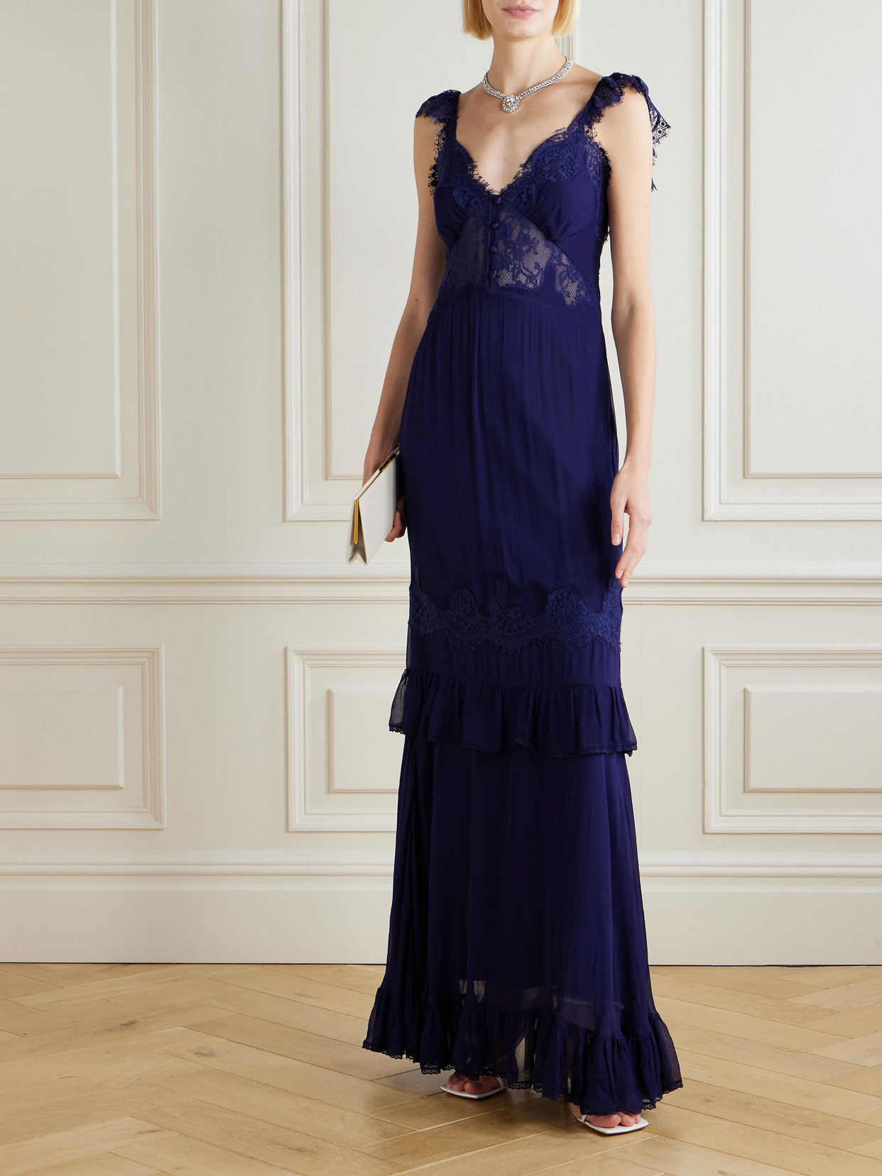 Self-portrait Lace-trimmed Georgette Maxi Dress In Blue