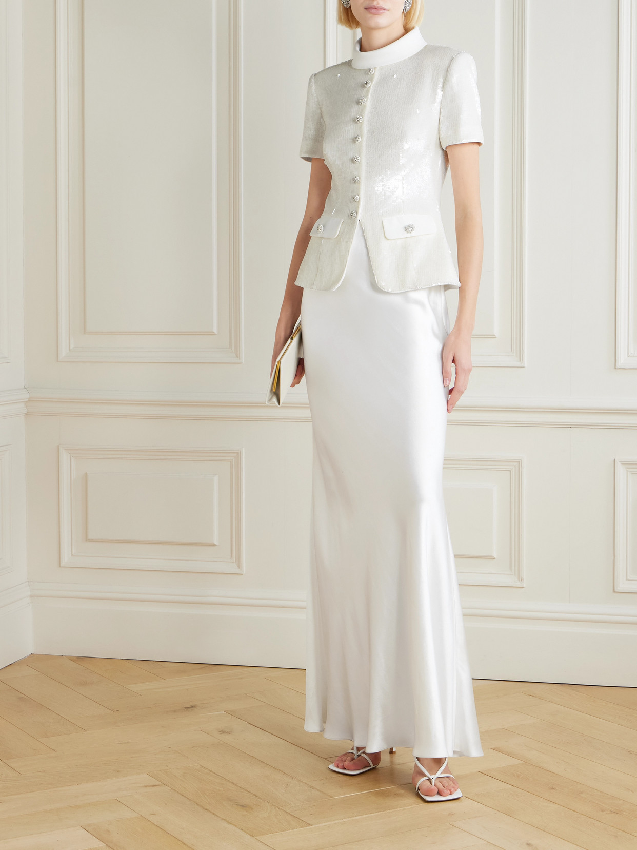 Self-portrait Embellished Satin Maxi Dress In White