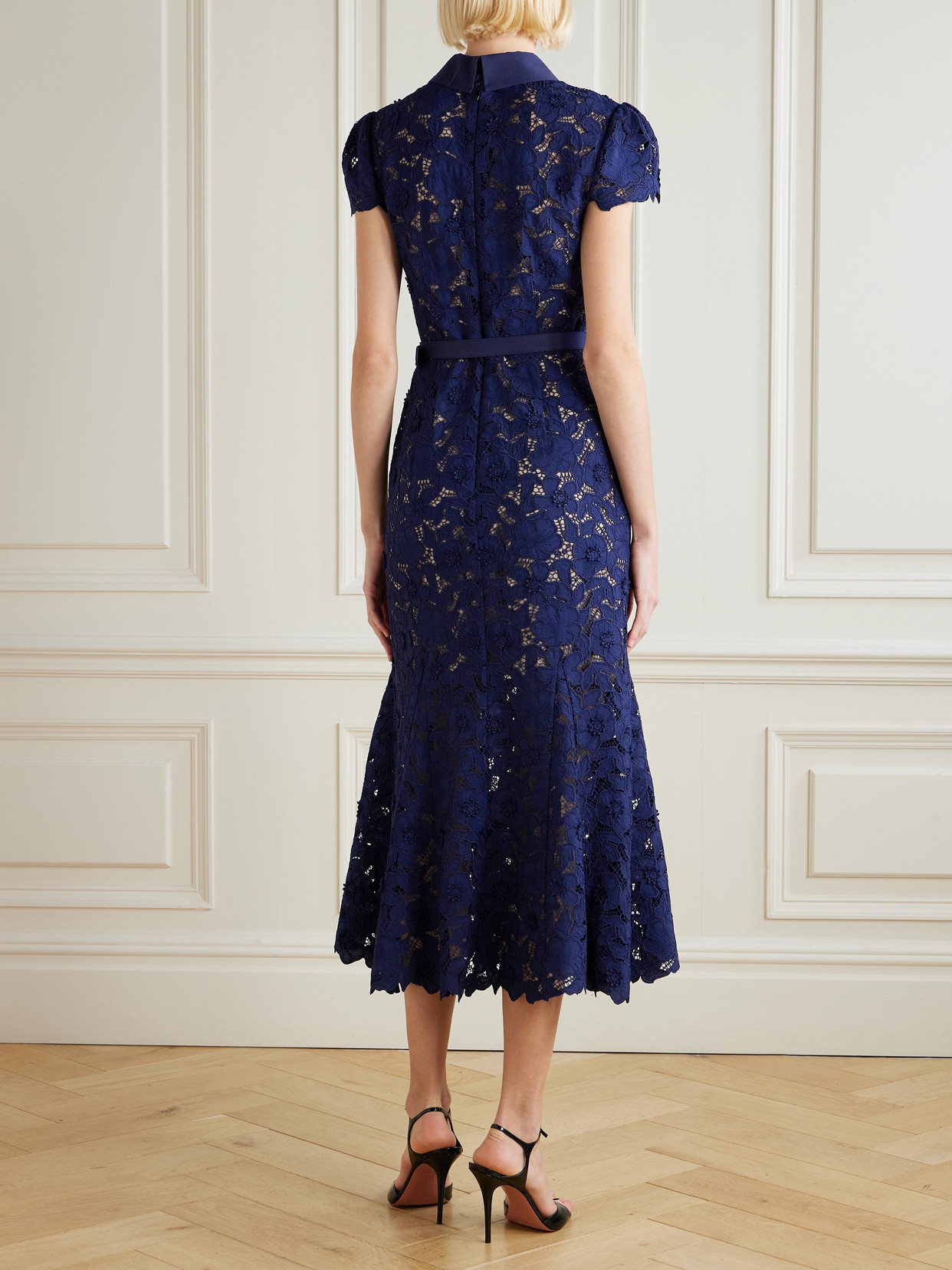 Self-portrait Belted Guipure Lace Midi Dress In Blue
