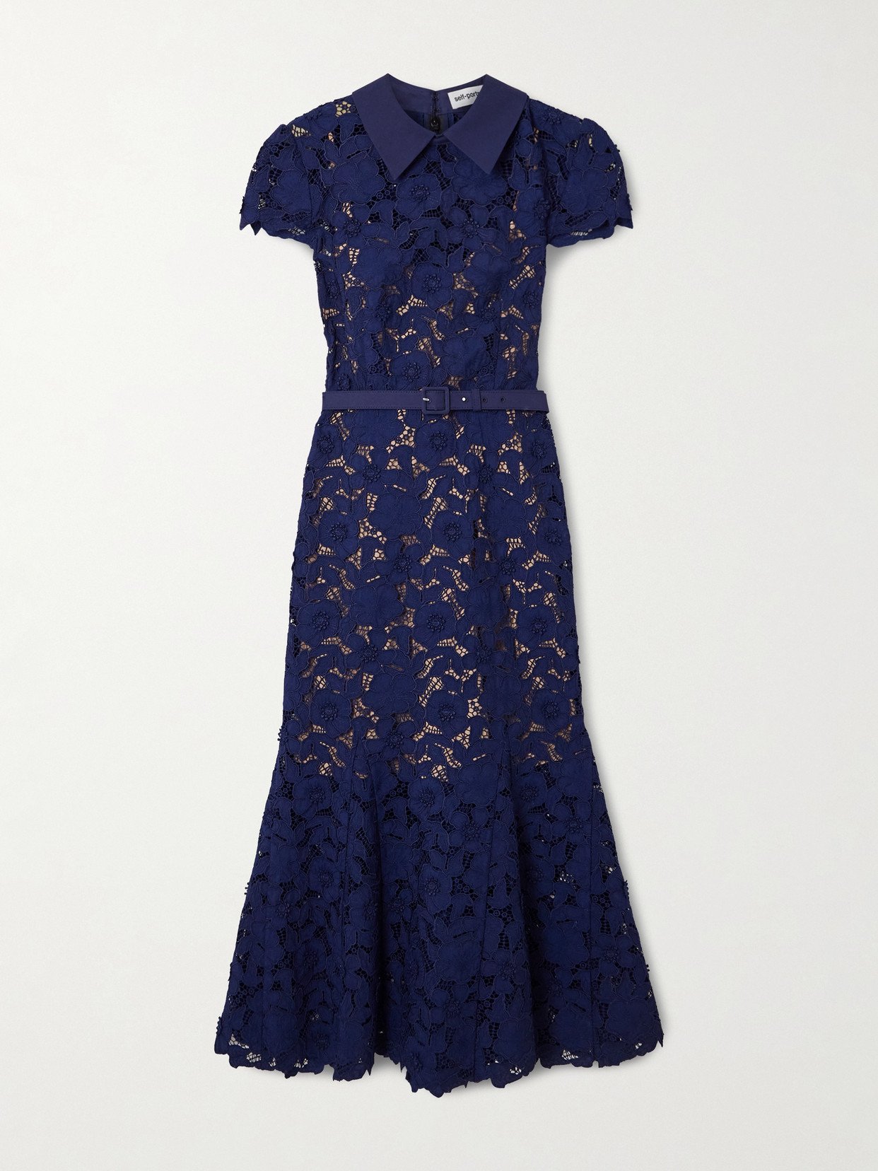 Self-portrait Belted Guipure Lace Midi Dress In Blue
