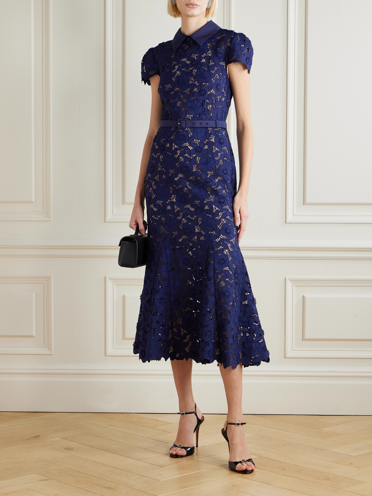 Self-portrait Belted Guipure Lace Midi Dress In Blue