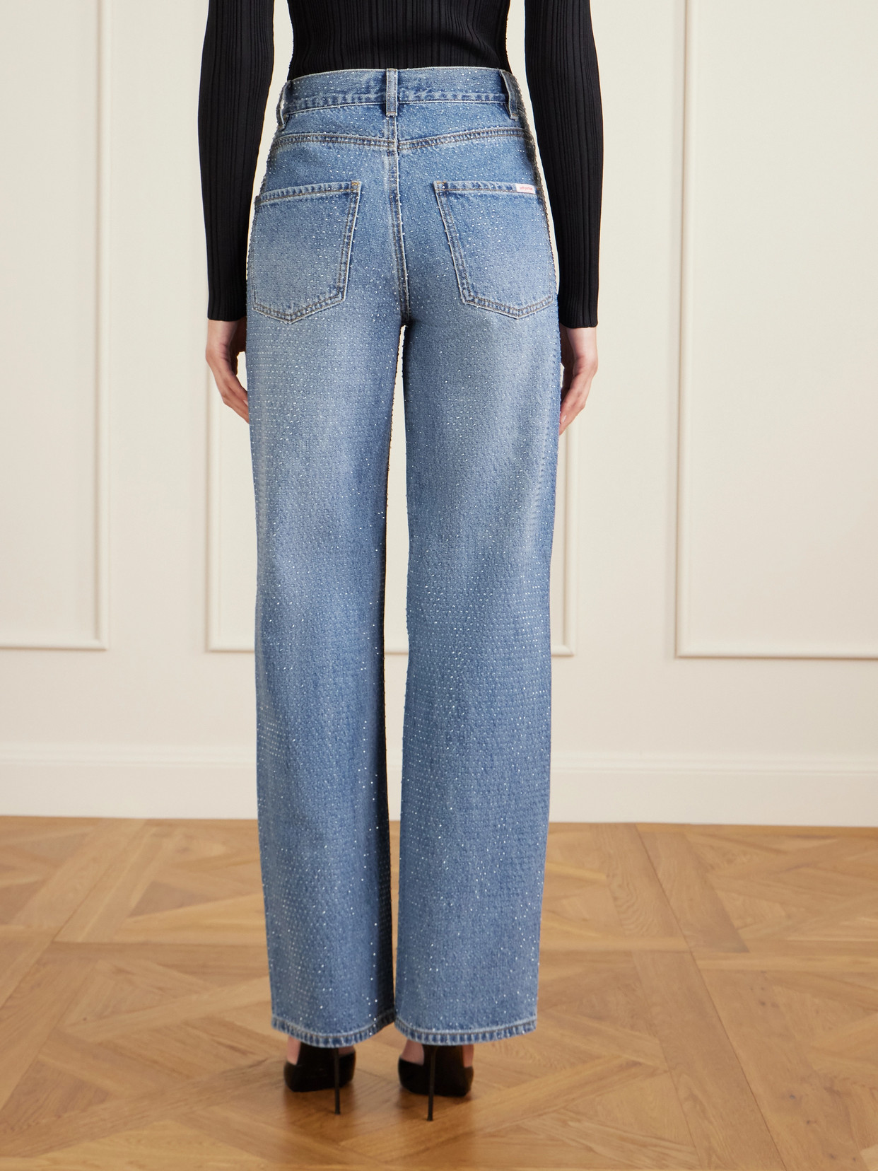 Self-portrait Straight-leg Jeans With All-over Rhinestones In Blue