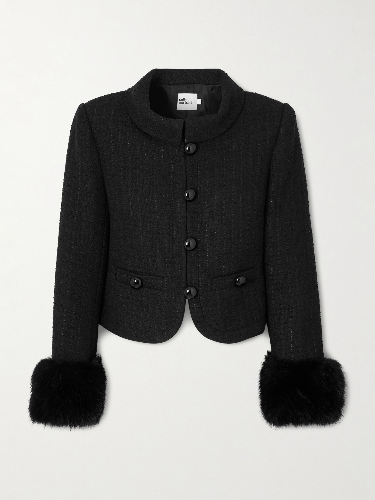 Self-portrait Cropped Plush-trimmed Bouclé-tweed Jacket In Black
