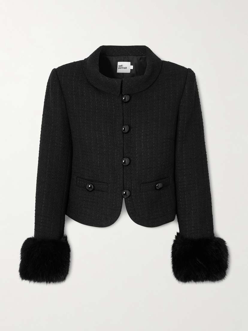 Self-Portrait Cropped Plush-trimmed Bouclé-tweed Jacket
