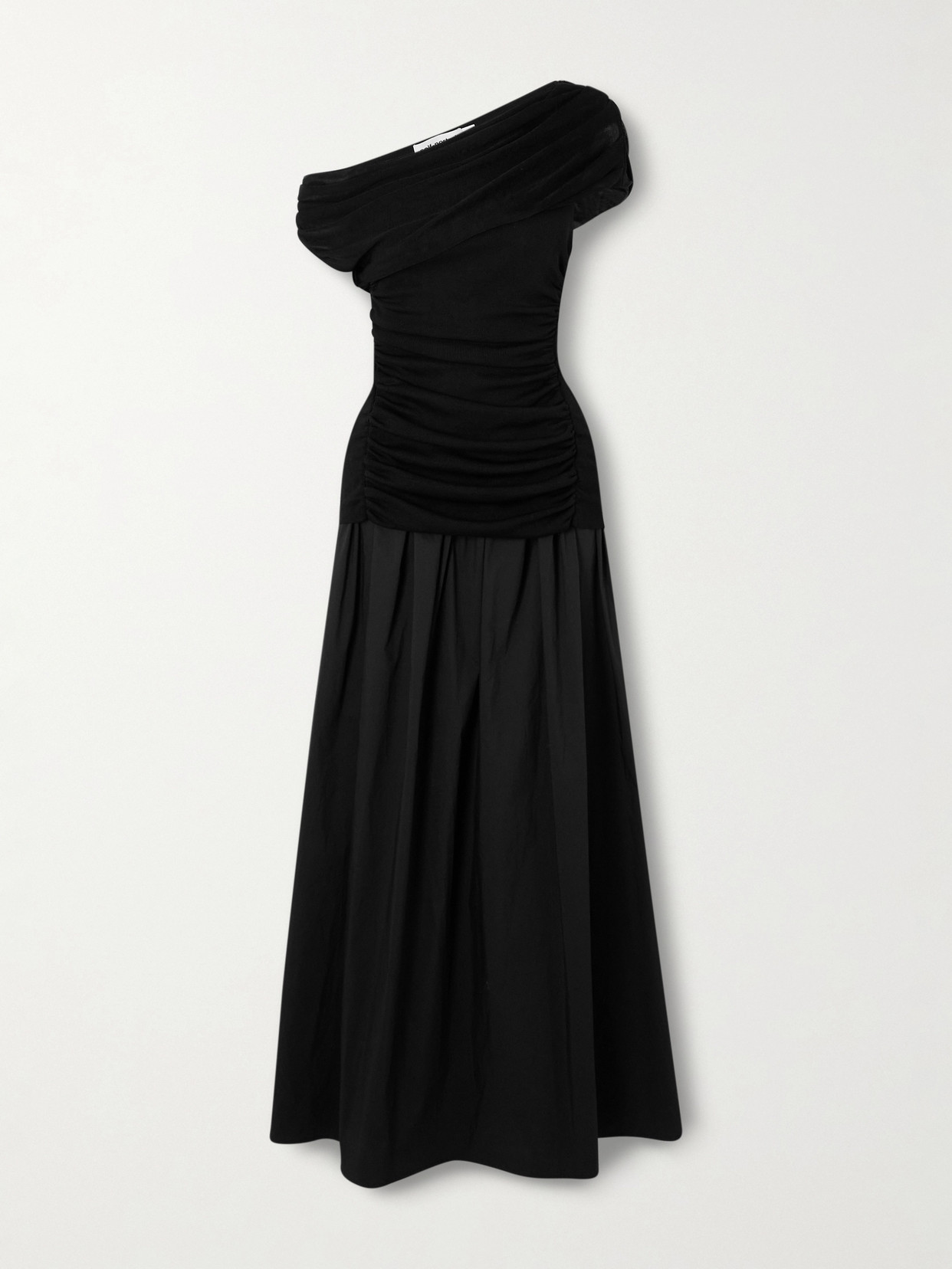 Self-portrait Off-the-shoulder Draped Knitted And Cotton Midi Dress In Black