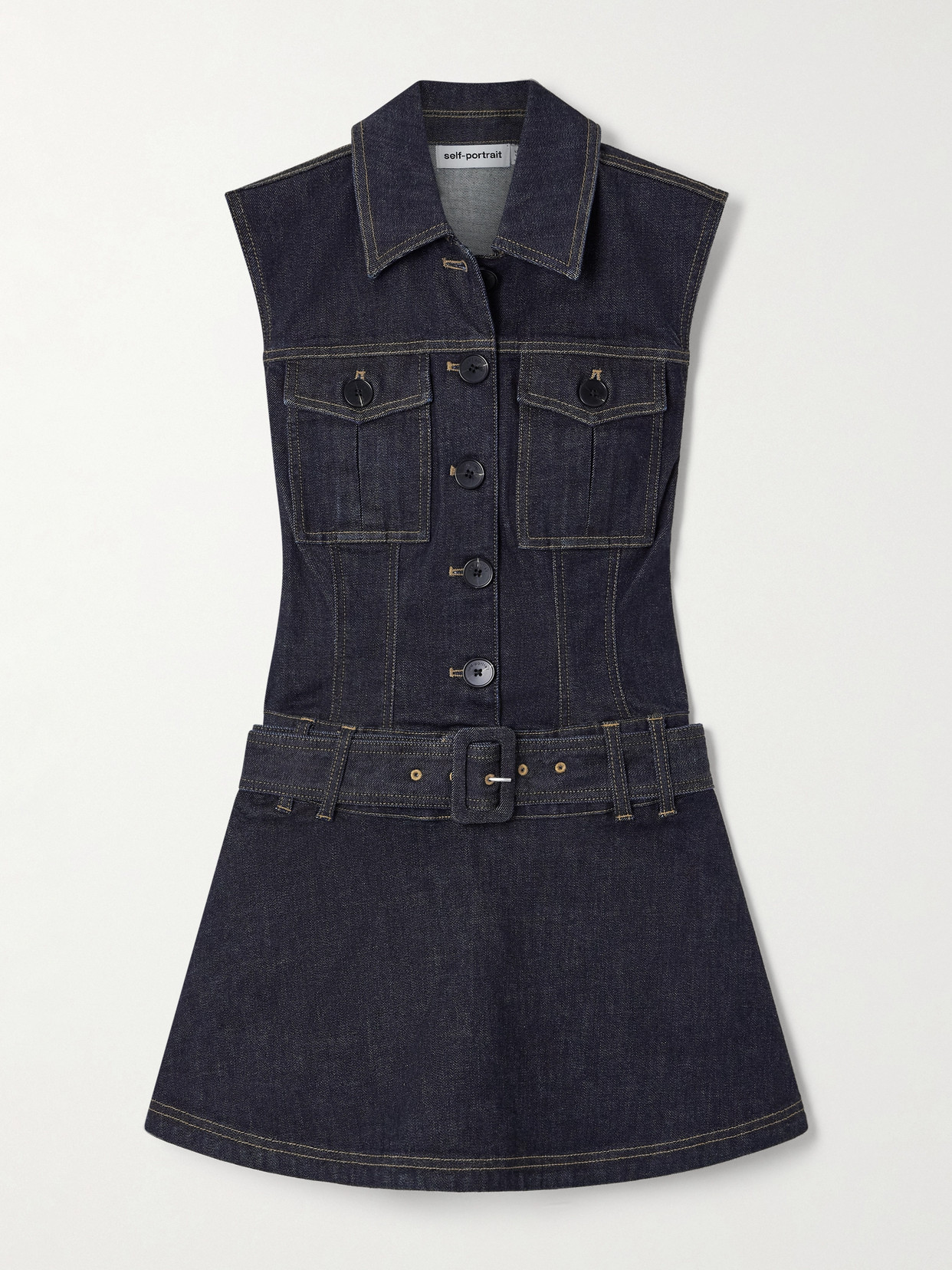 Self-portrait Belted Denim Mini Dress In Blue