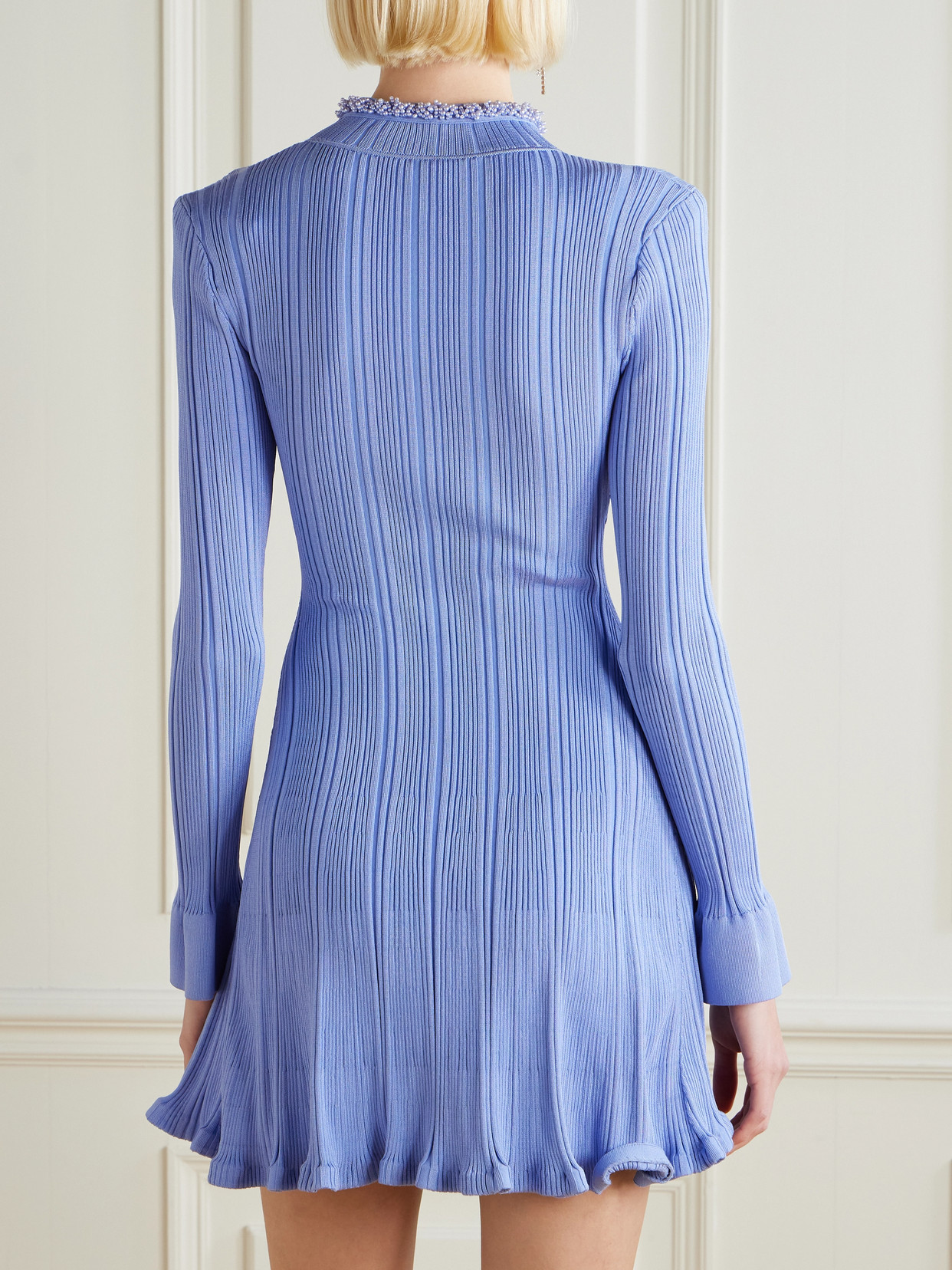 Self-portrait Faux Pearl-embellished Ribbed-knit Mini Dress In Blue
