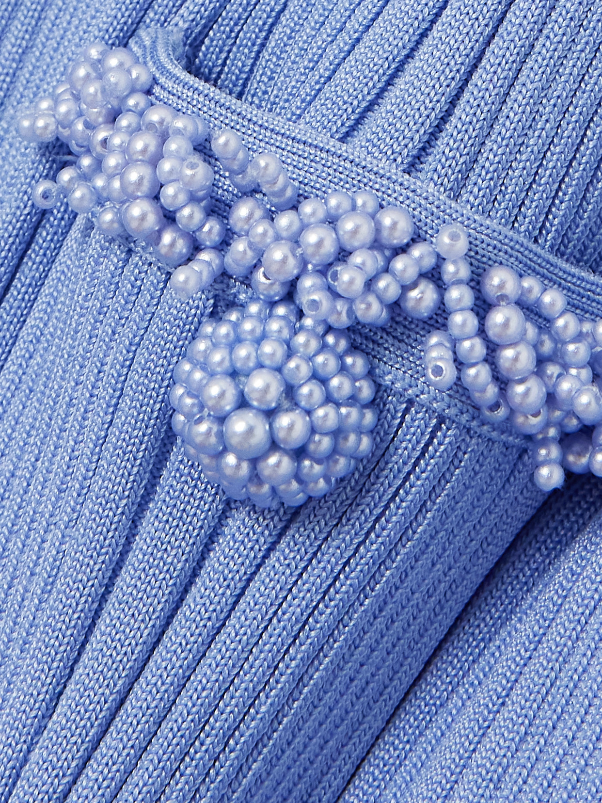 Self-portrait Faux Pearl-embellished Ribbed-knit Mini Dress In Blue