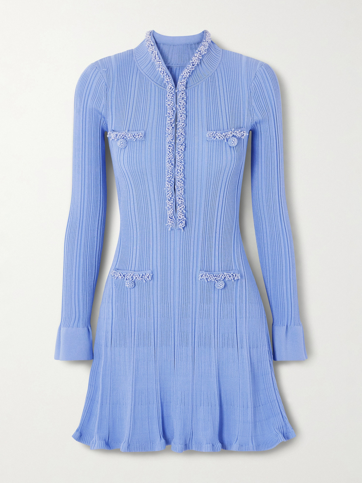 Self-portrait Faux Pearl-embellished Ribbed-knit Mini Dress In Blue