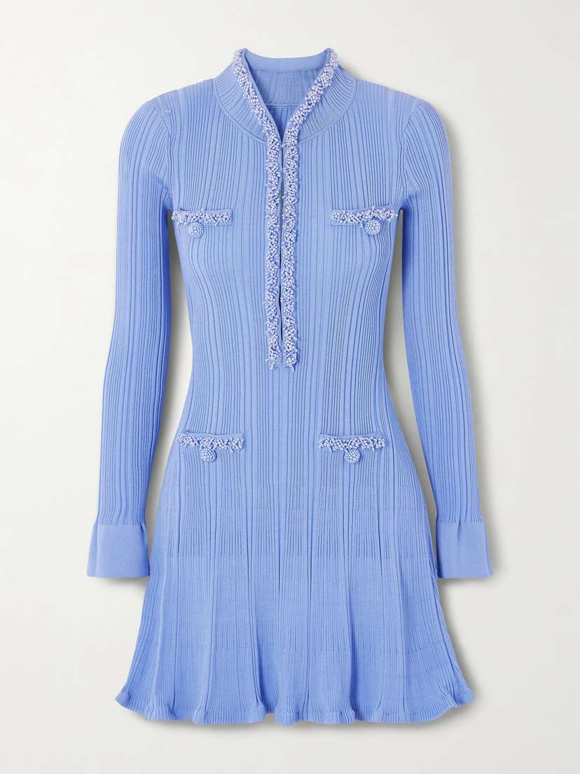 Self-Portrait Faux Pearl-embellished Ribbed-knit Mini Dress