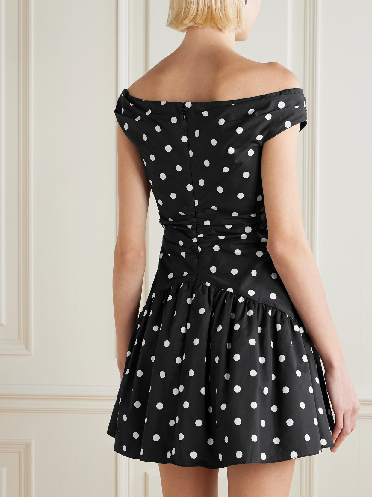 Self-portrait Off-the-shoulder Polka-dot Cotton Mini Dress In Black