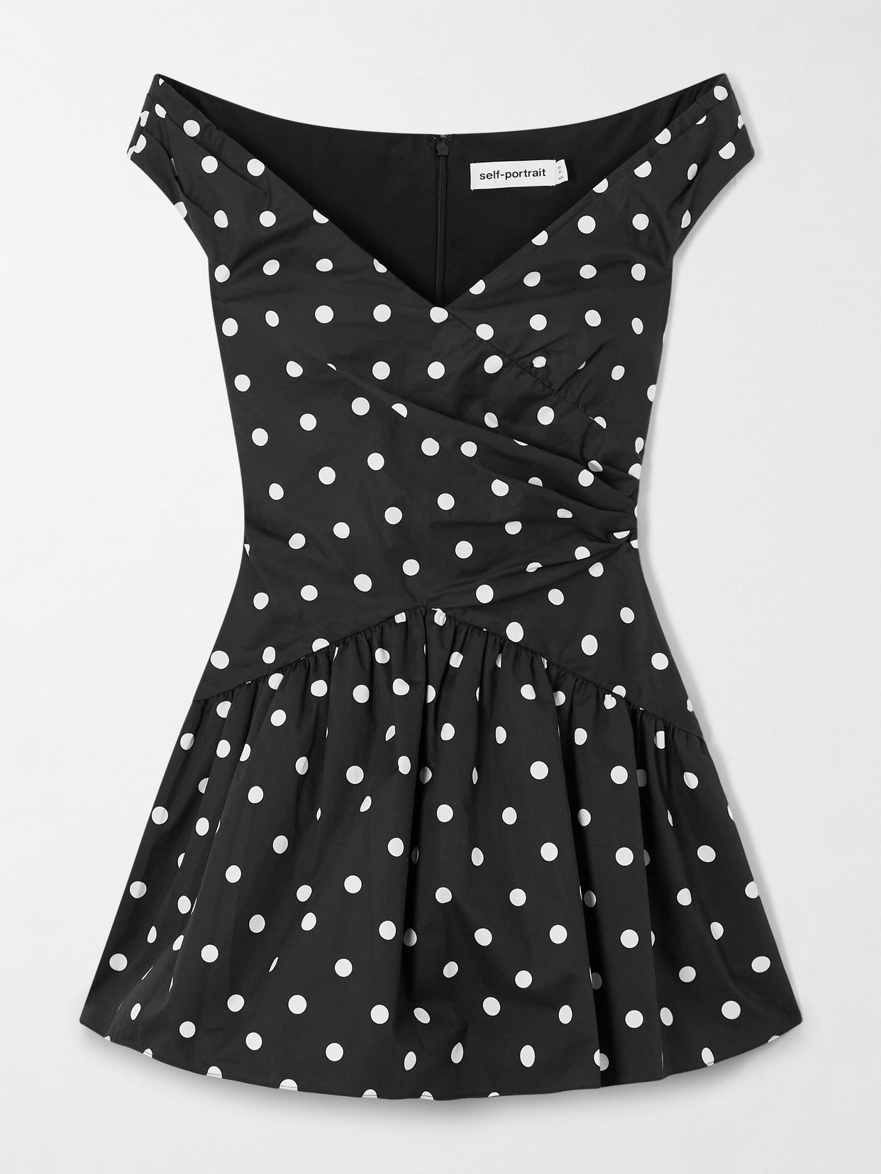 Self-portrait Off-the-shoulder Polka-dot Cotton Mini Dress In Black