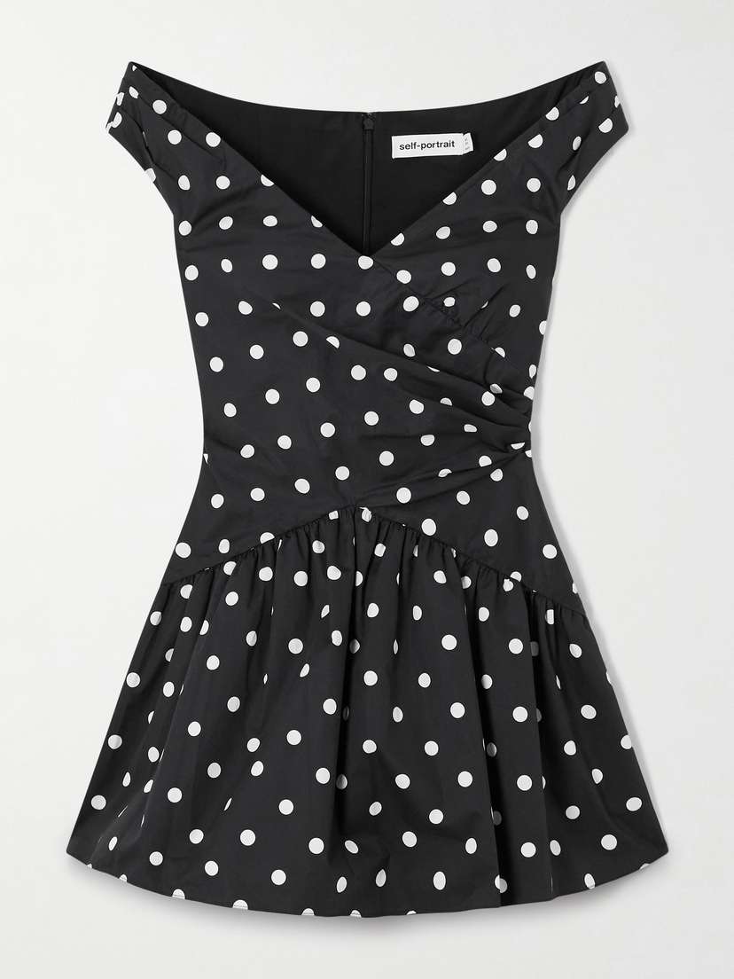 Self-Portrait Off-the-shoulder Polka-dot Cotton Mini Dress