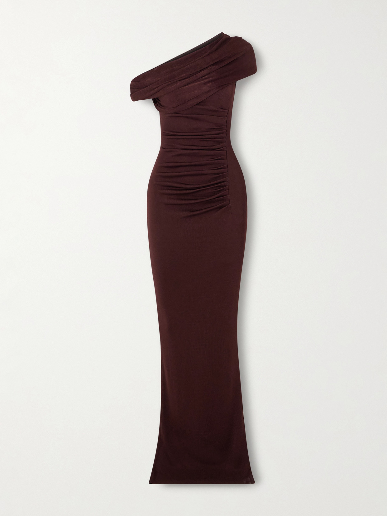 Self-portrait Off-the-shoulder Draped Knitted Maxi Dress In Burgundy