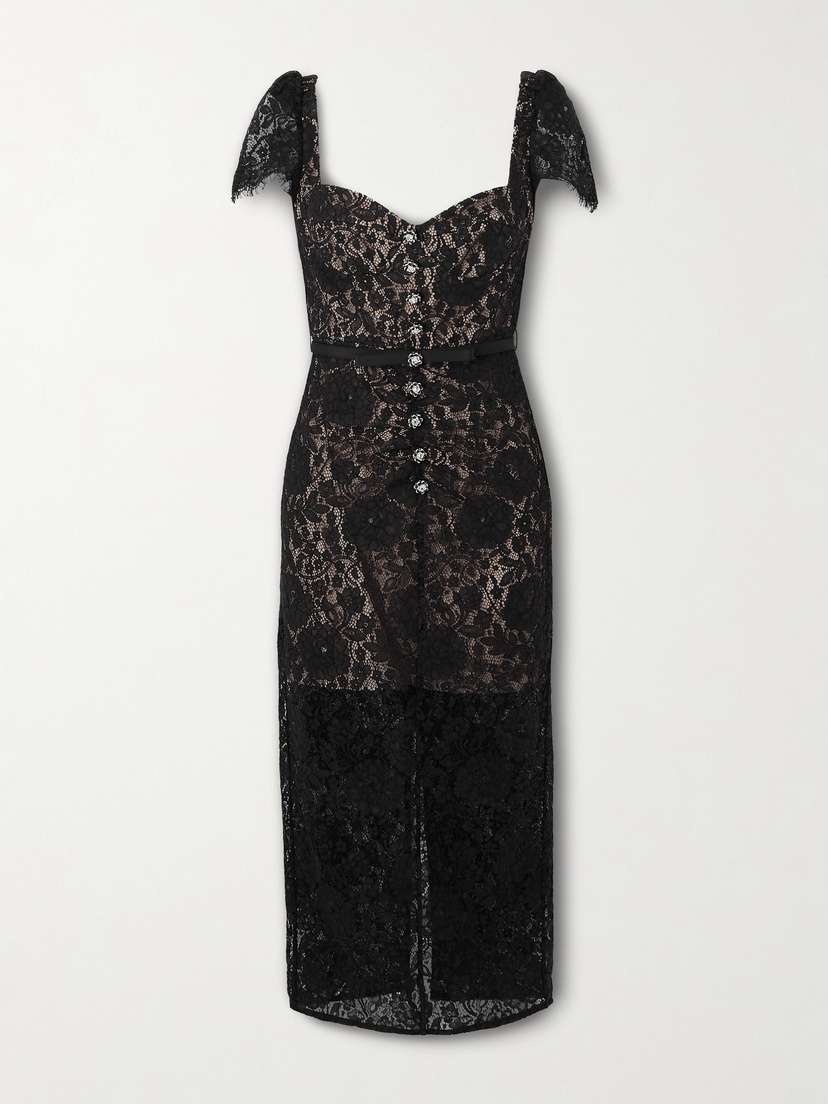 Self-Portrait Belted Embellished Cotton-blend Lace Midi Dress