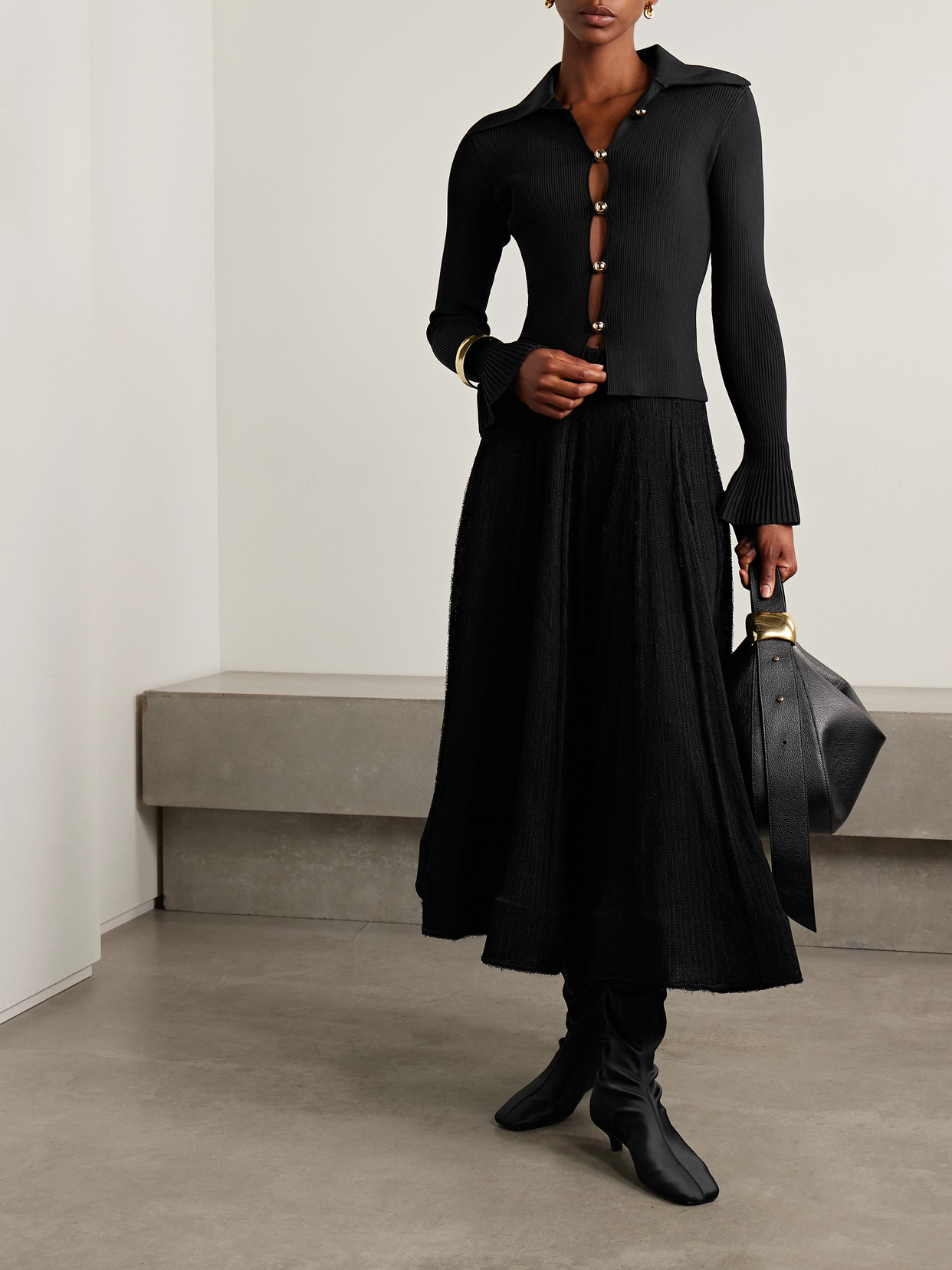 Self-portrait Ribbed-knit Cardigan In Black