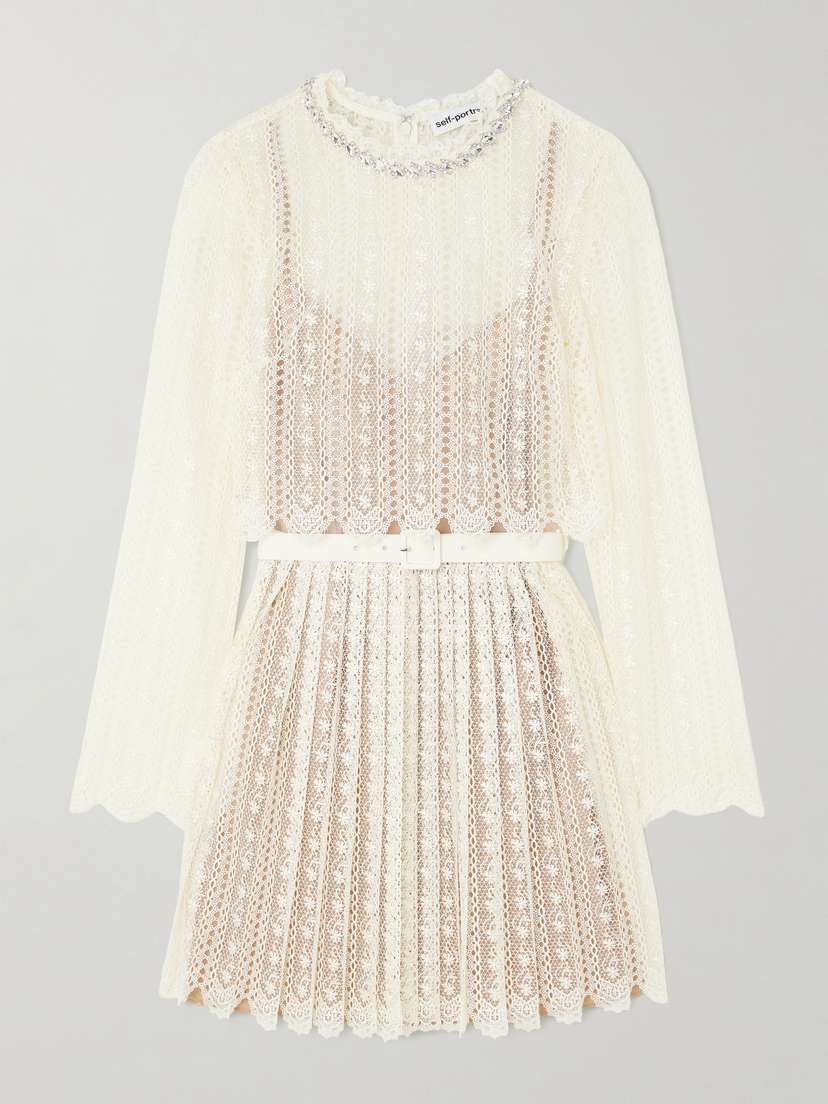 Self-Portrait Belted Crystal-embellished Pleated Lace Mini Dress