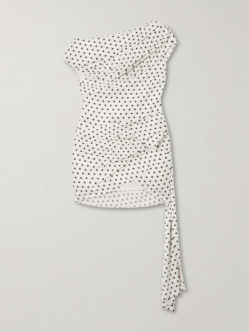 Self-Portrait Tie-side Asymmetric Polka-dot Satin-crepe Mini Dress
