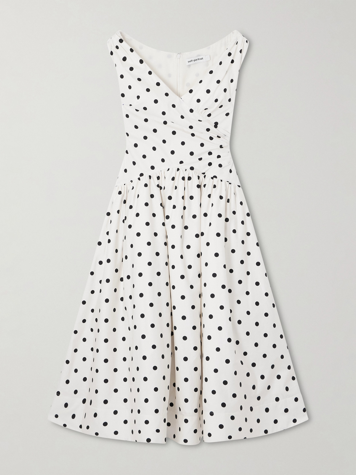 Self-portrait Wrap-effect Gathered Polka-dot Cotton-poplin Midi Dress In White