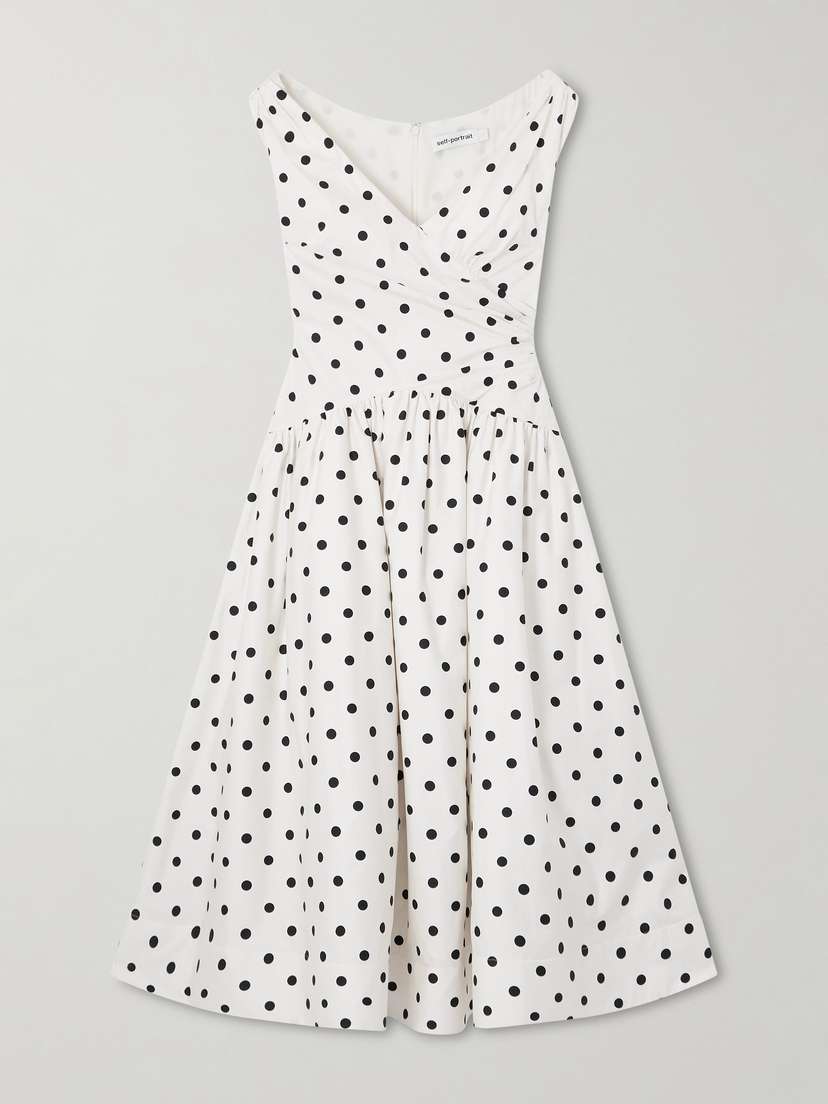 Self-Portrait Wrap-effect Gathered Polka-dot Cotton-poplin Midi Dress
