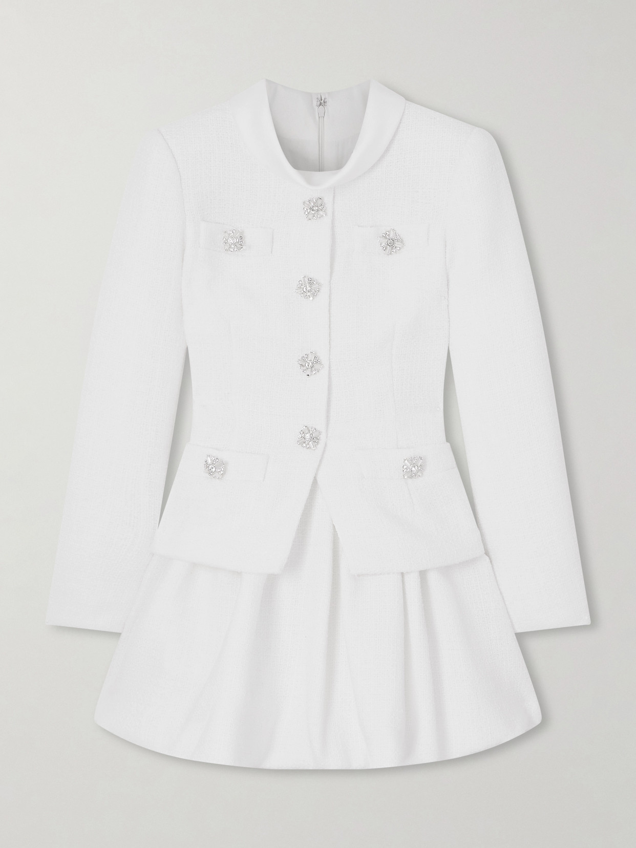 Self-portrait Layered Crystal-embellished Bouclé-tweed Mini Dress In White
