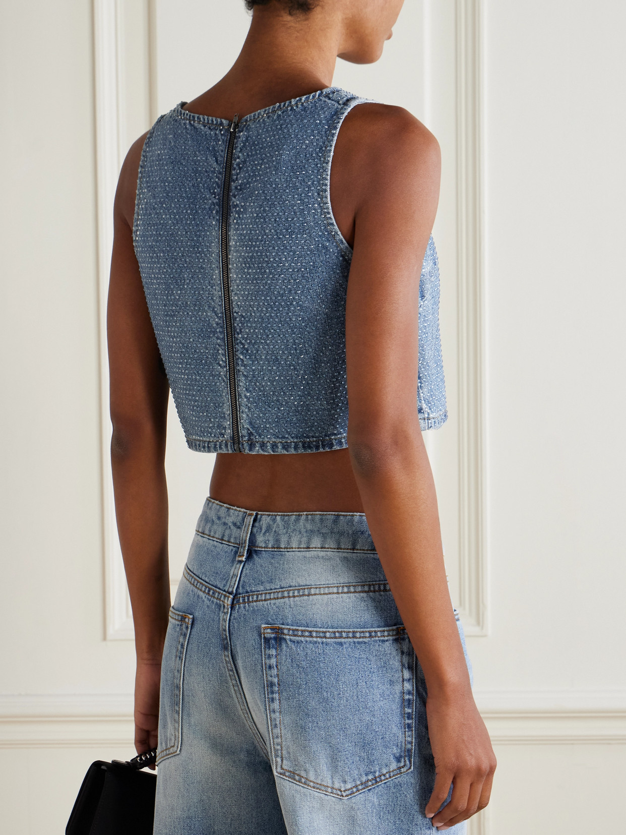 Self-portrait Cropped Crystal-embellished Denim Top In Blue