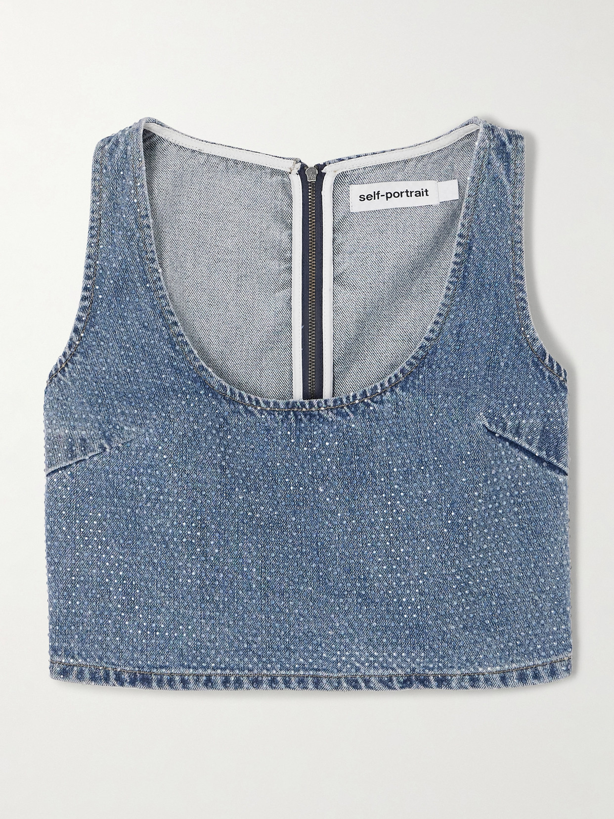 Self-portrait Cropped Crystal-embellished Denim Top In Blue