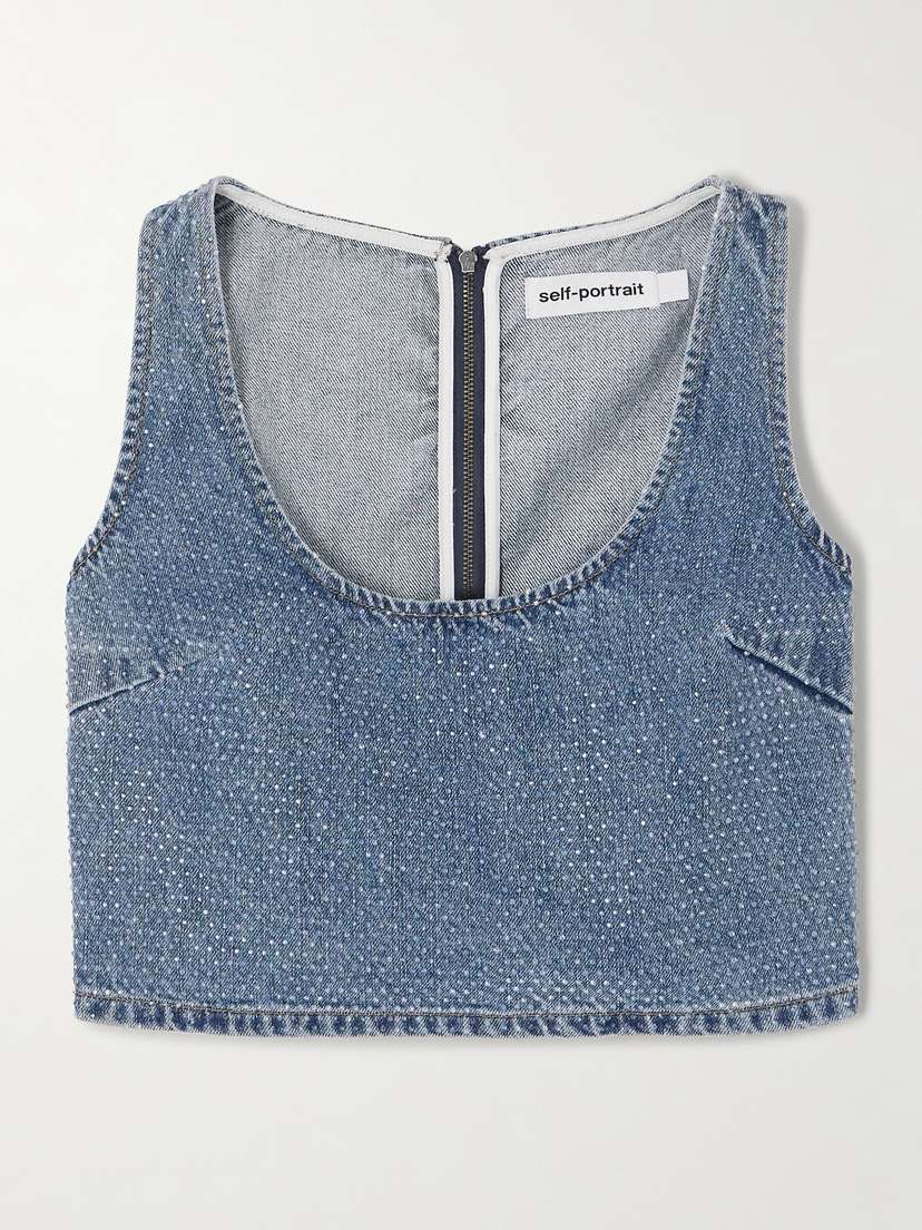 Self-Portrait Cropped Crystal-embellished Denim Top