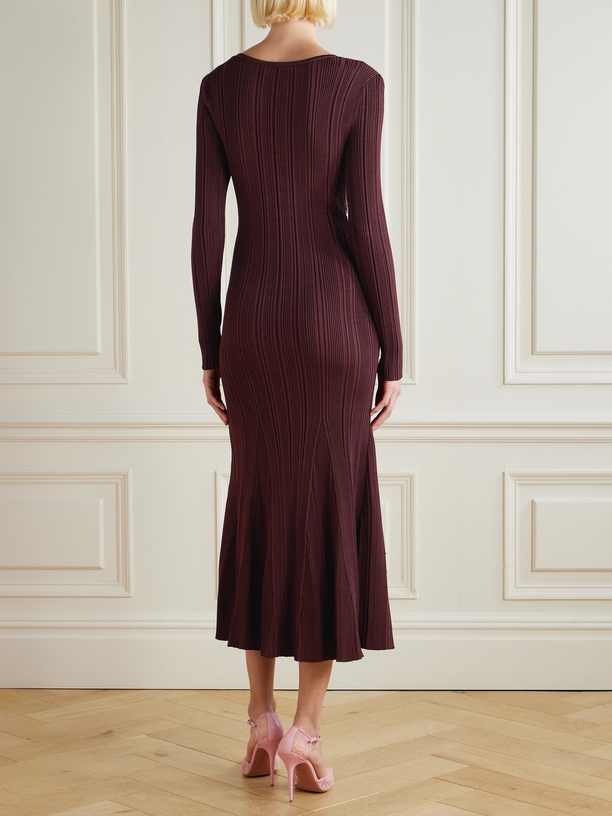 Self-portrait Lace-trimmed Ribbed-knit Midi Dress In Brown