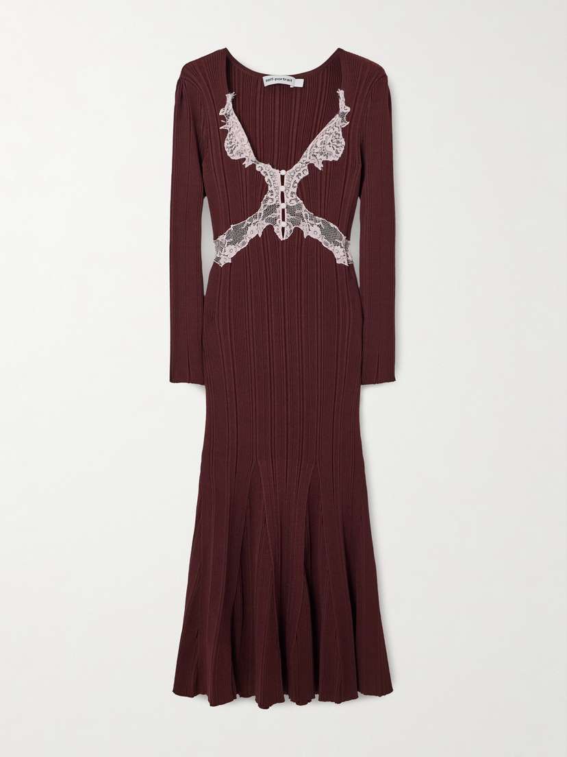 Self-Portrait Lace-trimmed Ribbed-knit Midi Dress