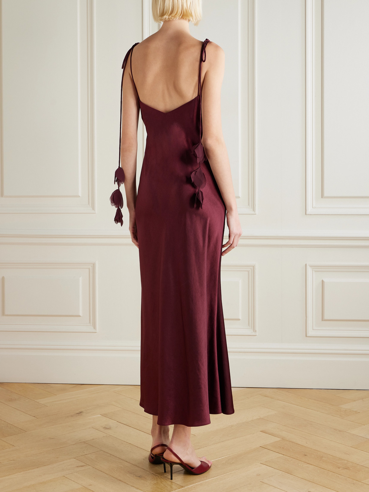 Self-portrait Georgette-trimmed Draped Satin Midi Dress In Burgundy