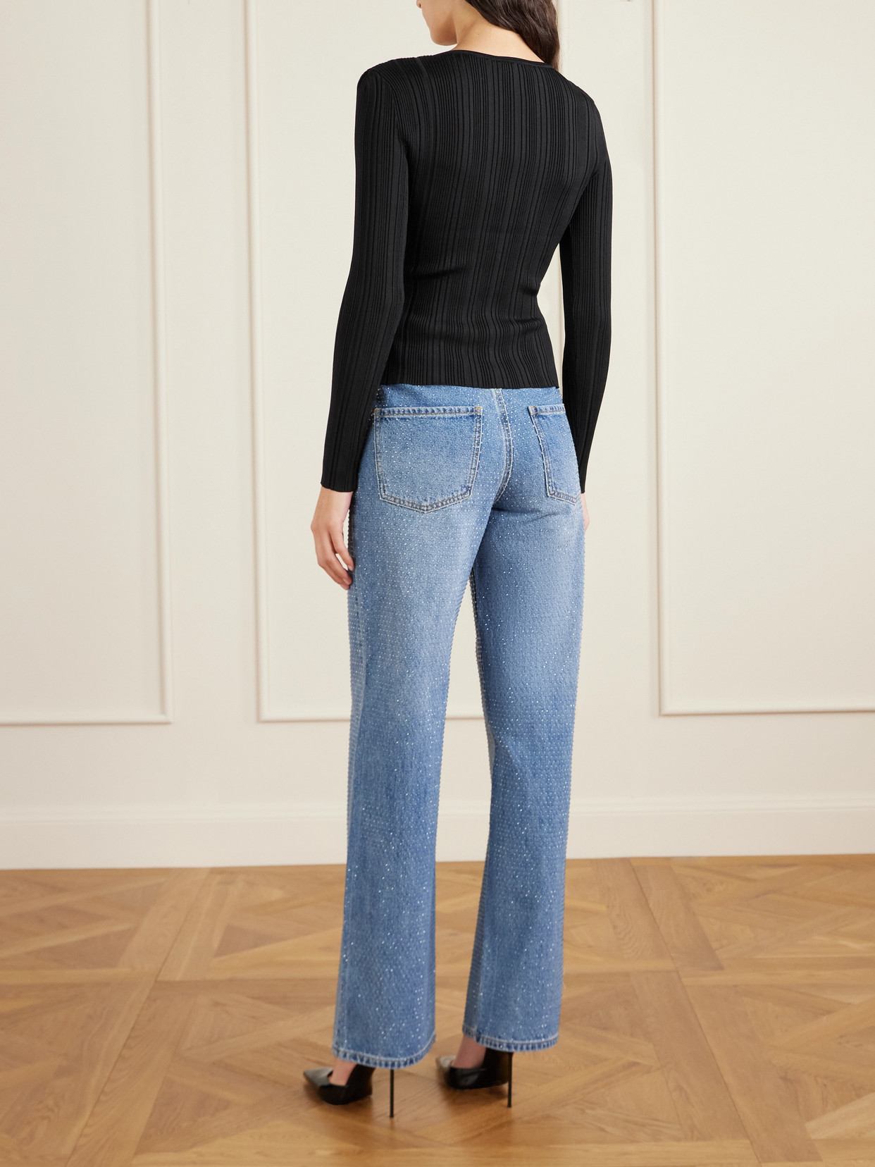 Self-portrait Lace-trimmed Ribbed-knit Top In Black